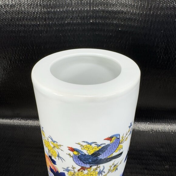 Vintage Oriental Chinese Calligraphy Ceramic Vase Vessel Raised Paint Birds VTG - Picture 12 of 16